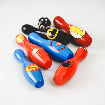 Handpainted Wooden Bowling Pins Toy Set I Superhero Theme
