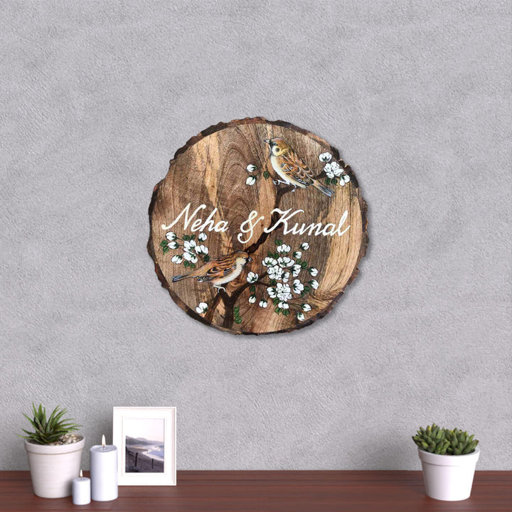 Handpainted Sparrow Theme Mango Wood Nameplate
