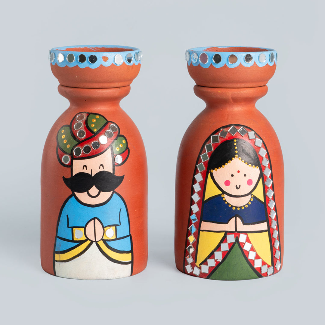 Handpainted Raja-Rani Terracotta Tealight Holders