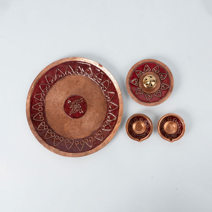 Red Copper Enamel Diwali Pooja Decor Combo