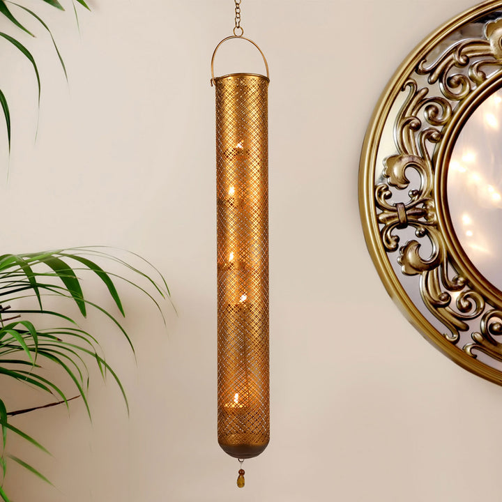 Tista Gold Cylindrical 5 Tealights Hanging with Metal Chain