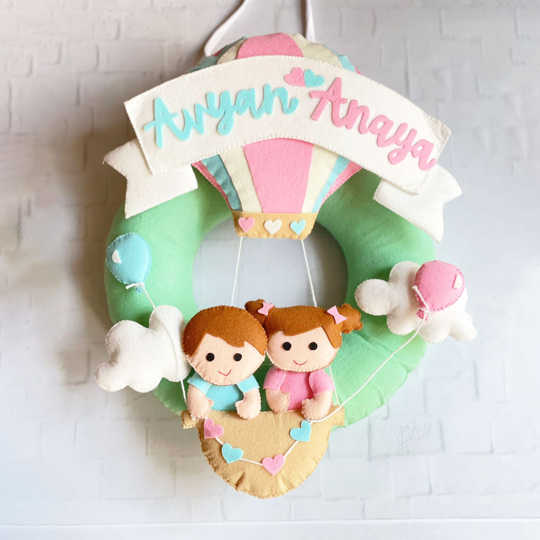 Personalized Felt Parachute Name Plate For Siblings - Front View Hanging on Wall