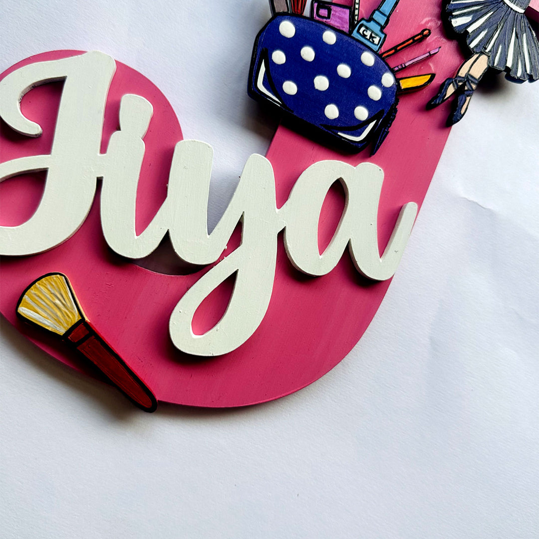 Handcrafted Personalized Kids Makeup Themed Monogram Mdf Nameplate 5 - Angled Close-up Showing Detail