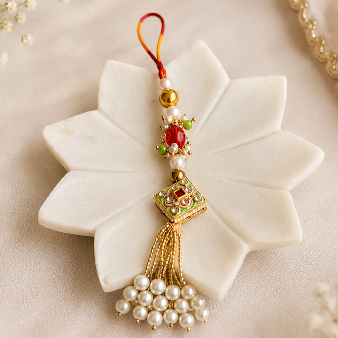Hand-Knotted Green Meenakari Beaded Pearl Rakhi & Lumba Set For Bhaiya Bhabhi
