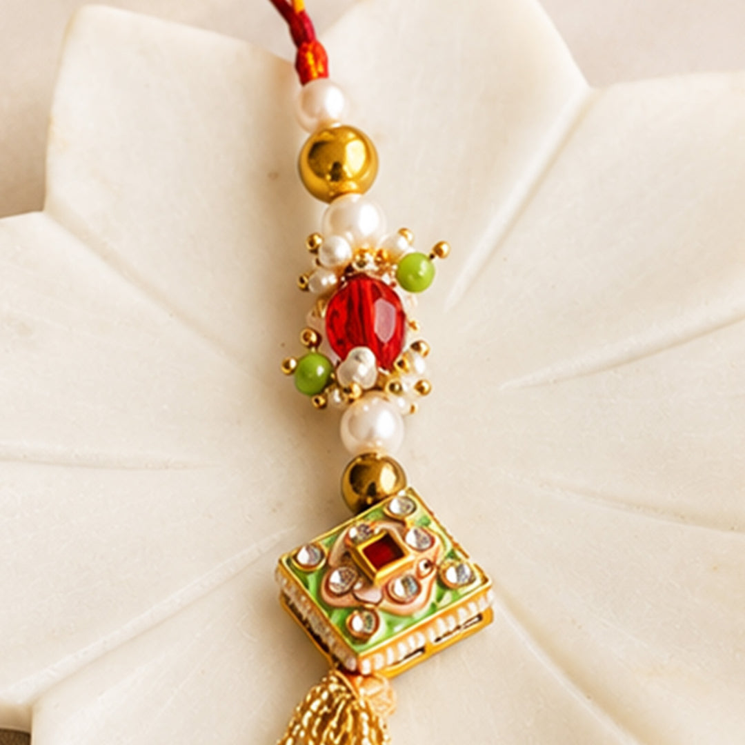 Hand-Knotted Meenakari Beaded Lumba With Roli Chawal For Bhabhi