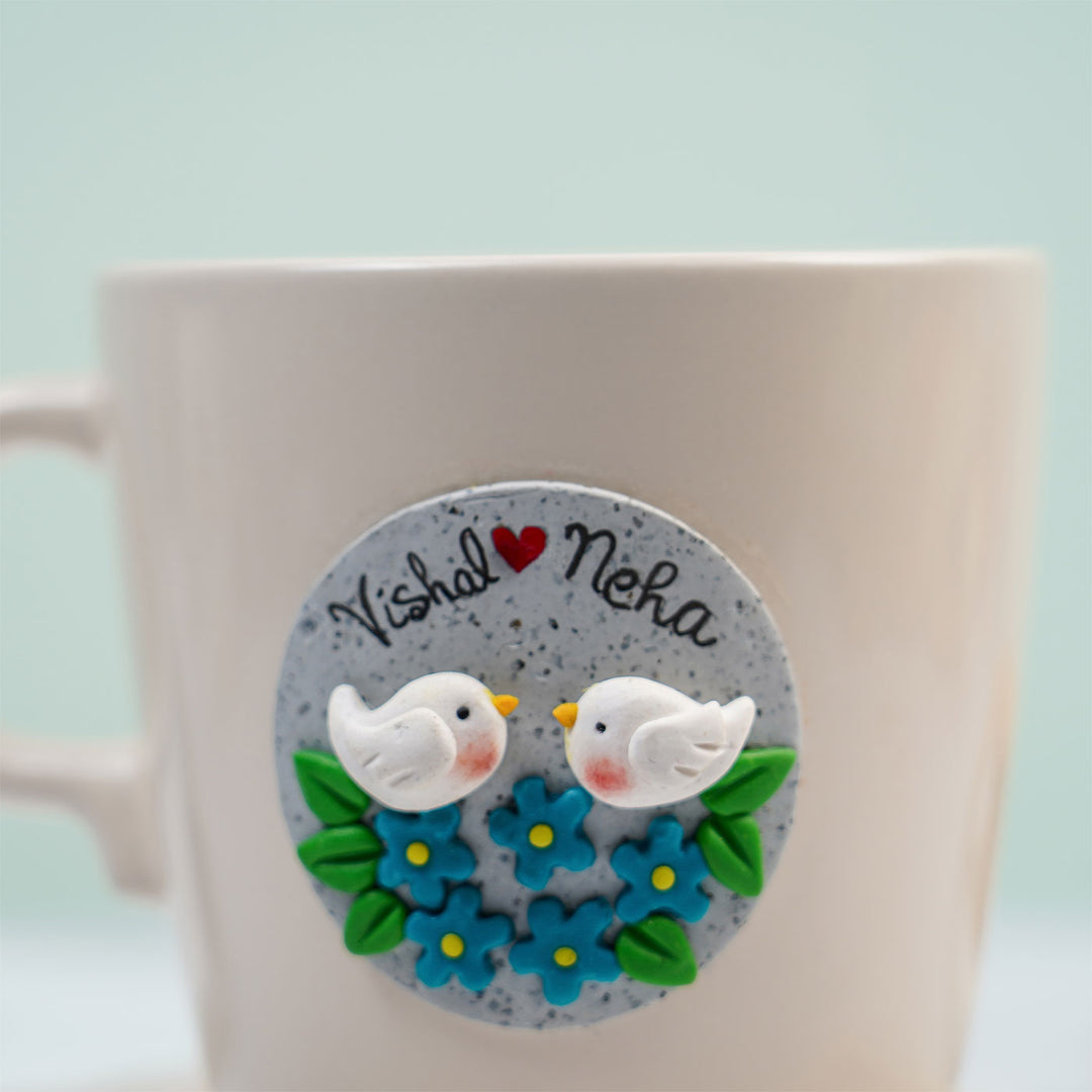 Personalized Love Birds & Flowers Mug With 3D Clay Figurine