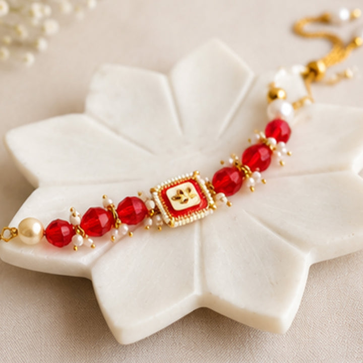 Hand-Knotted Red Meenakari Beaded Lumba For Bhabhi