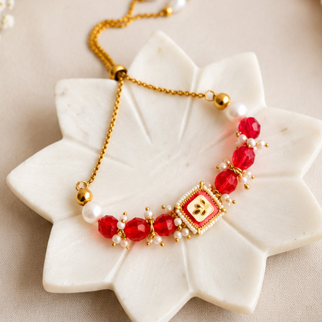Hand-Knotted Red & White Beaded Rakhi & Lumba Set For Bhaiya Bhabhi | Set of 2