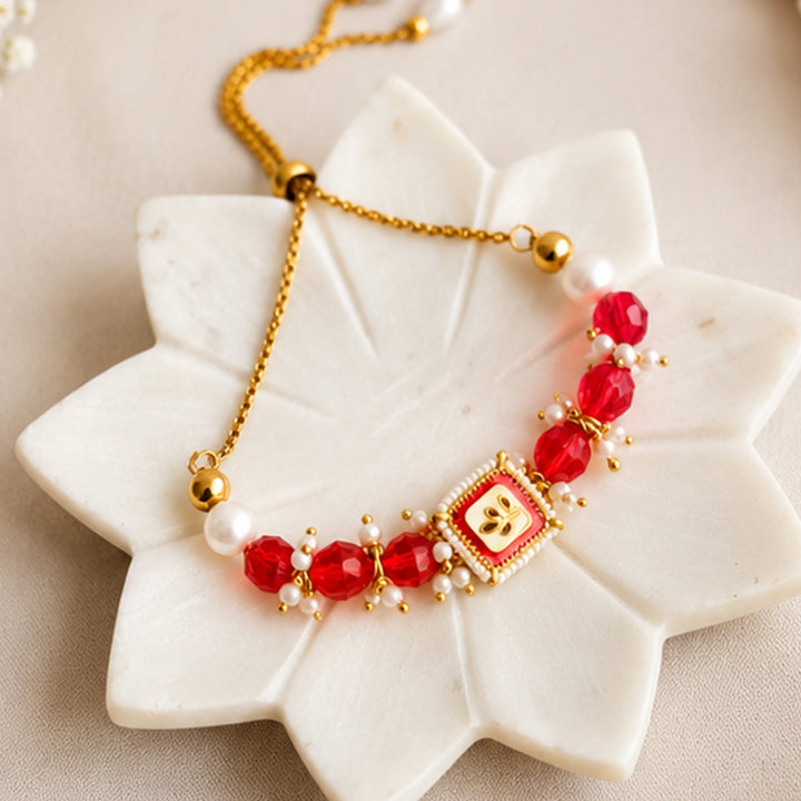 Hand-Knotted Red & White Beaded Rakhi & Lumba Set For Bhaiya Bhabhi | Set of 2