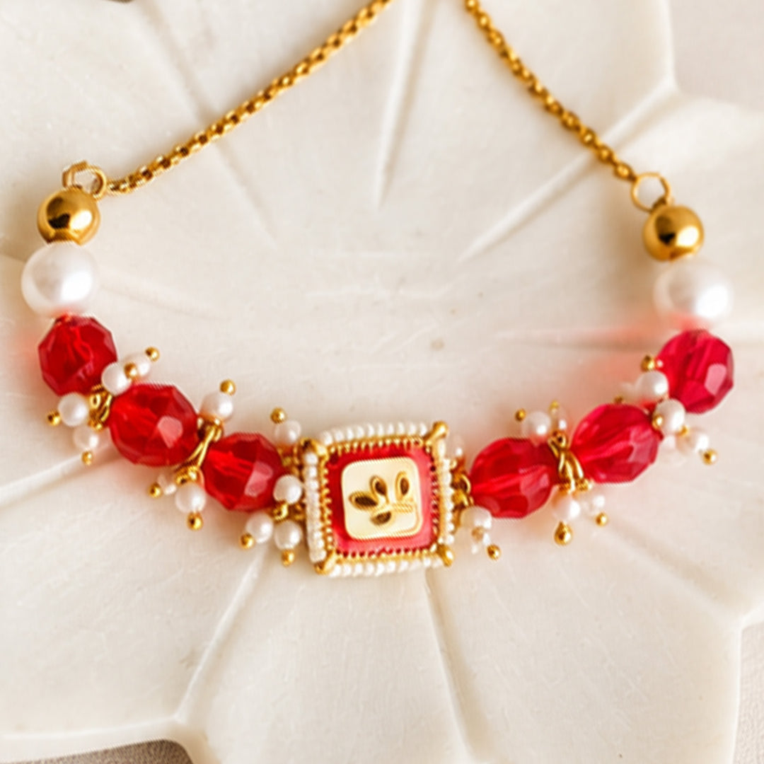 Hand-Knotted Red Meenakari Beaded Lumba For Bhabhi