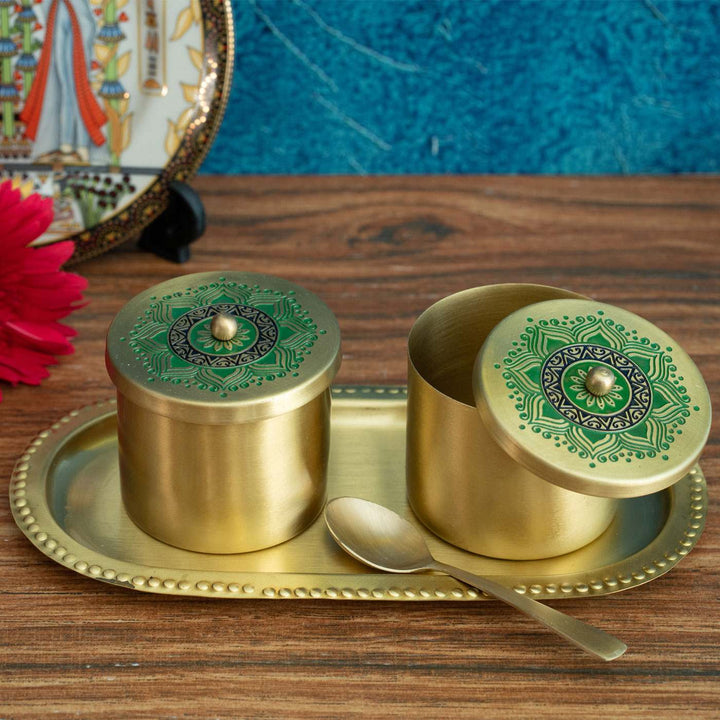 Utsav Handcrafted Brass Condiment Jars with Tray & Spoon