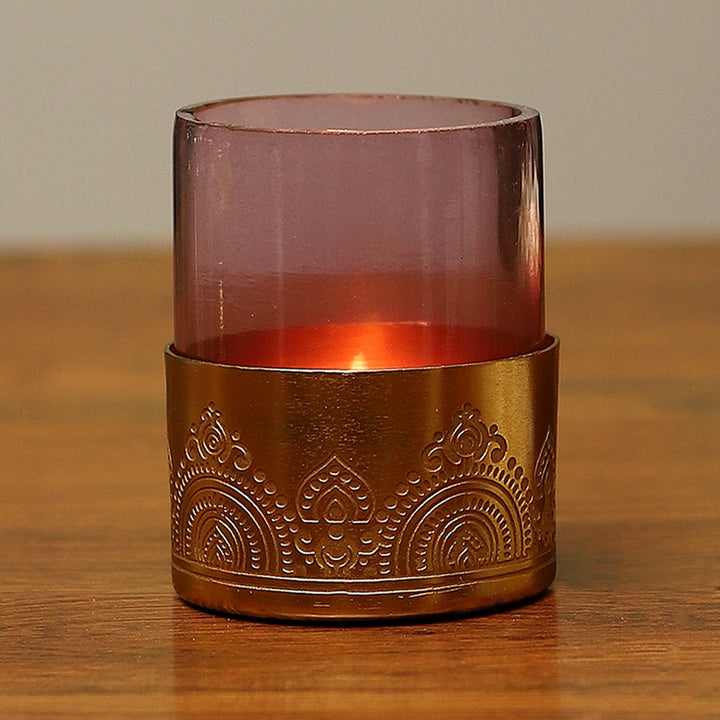 Dohar Brass Plated Tealight Votive with Glass - Set of 2