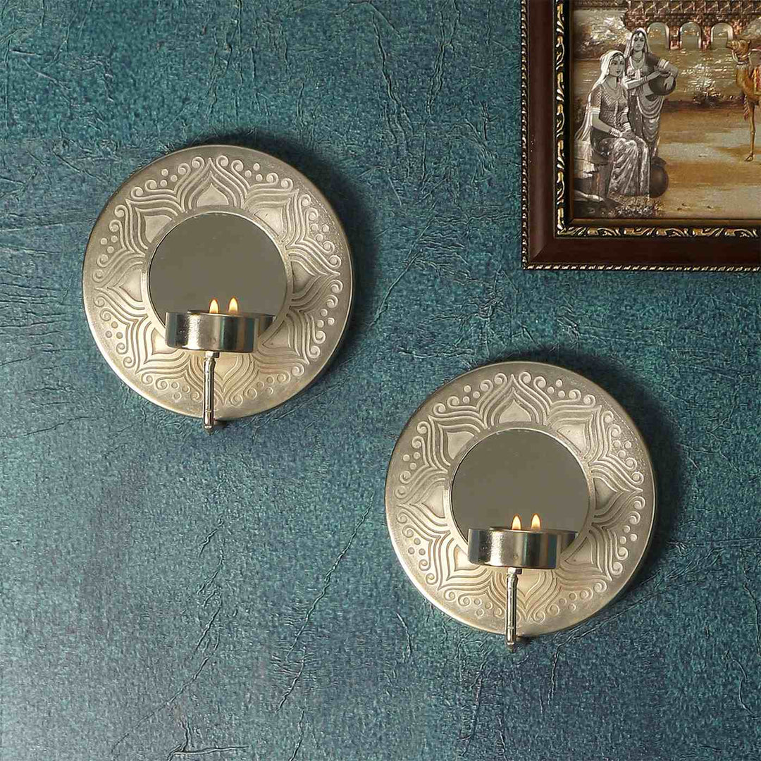 Utsav Silver Plated Wall Sconce with Mirror - Set of 2