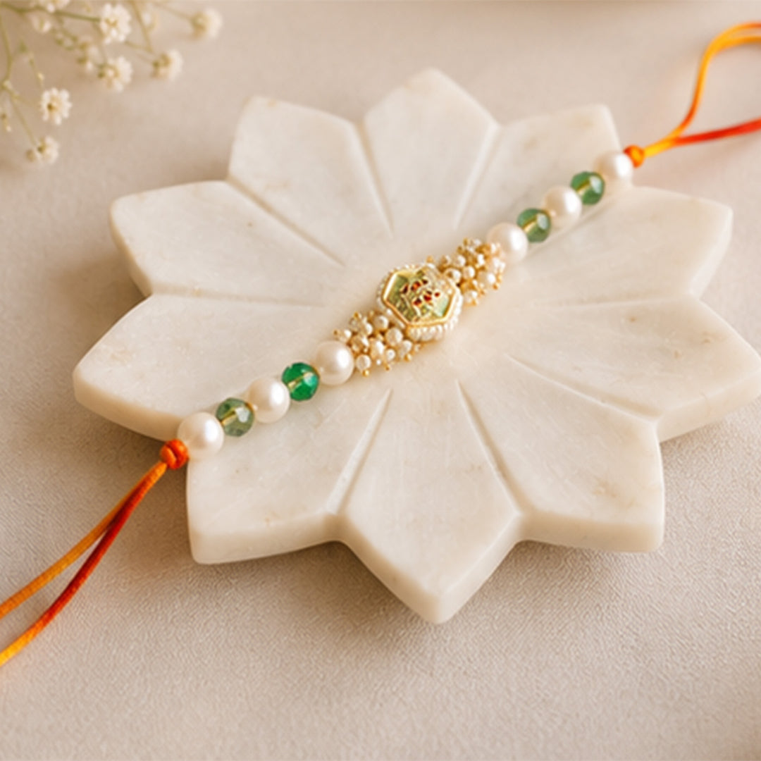 Hand-Knotted Pearl Beaded Rakhi With Roli Chawal For Brother
