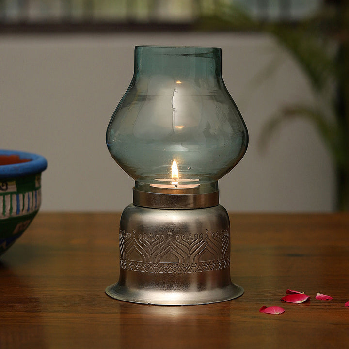 Utsav Silver Plated Tealight Holder with Glass Chimney