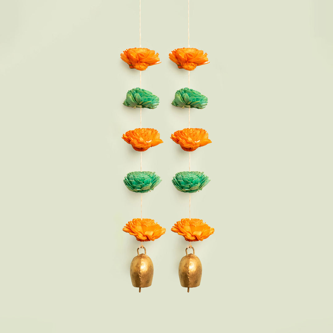 Shola Wood Marigold Flower Festive Bell Hangings - Set of 2