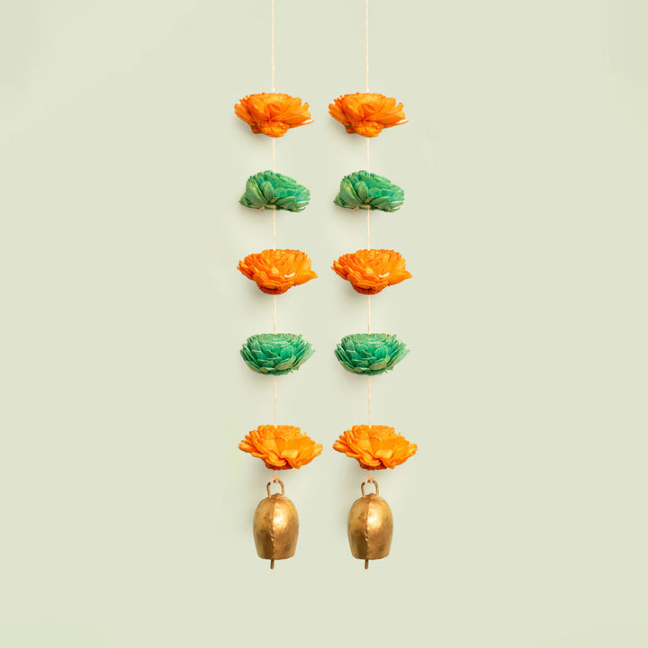 Shola Wood Marigold Flower Festive Bell Hangings - Set of 2