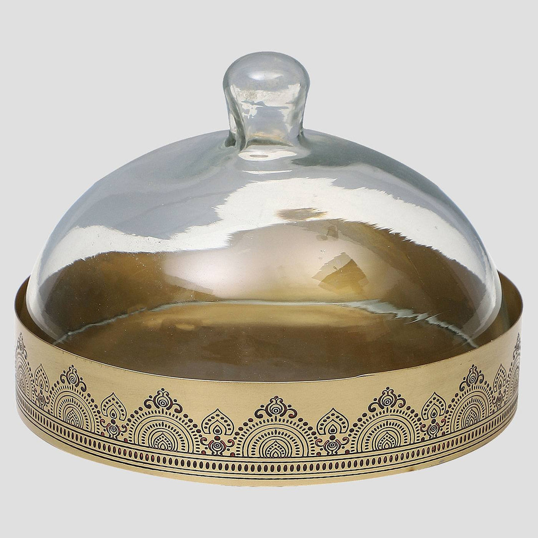 Dohar Handcrafted Brass Cookie & Cake Stand with Glass Cloche