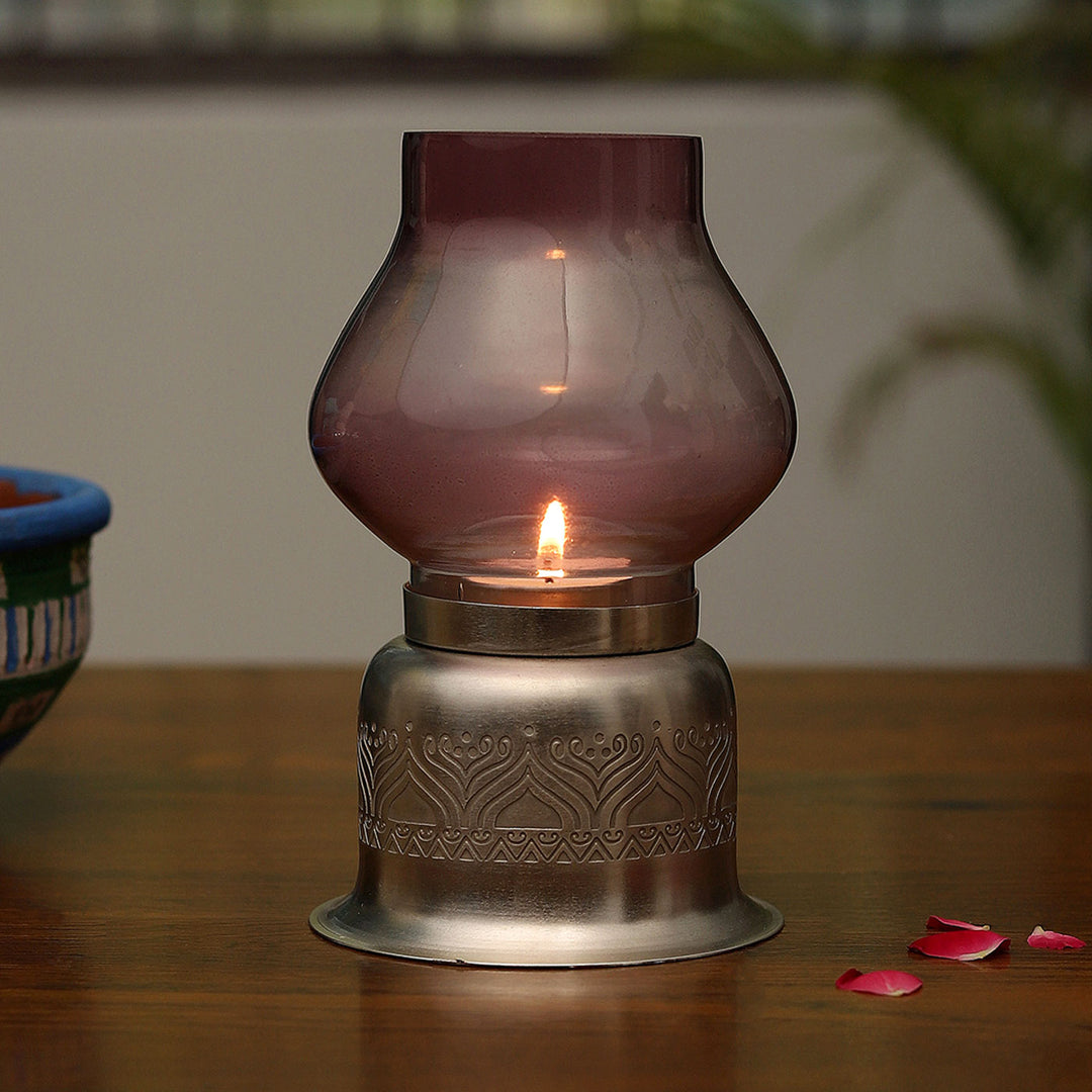 Utsav Silver Plated Tealight Holder with Glass Chimney