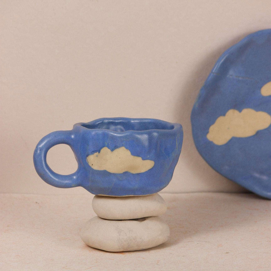 Handpainted Clouds Ceramic Mug & Saucer Set