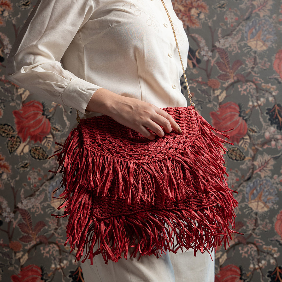 Handmade Macrame Crimson Red Poppy Raffia Handbag