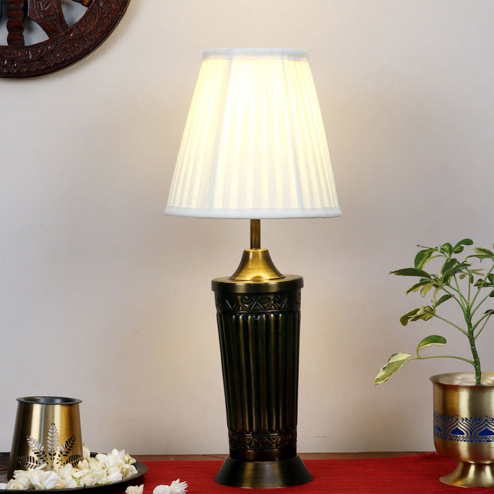 Bronze Finish Metal Table Lamp with Pleated Cotton Shade