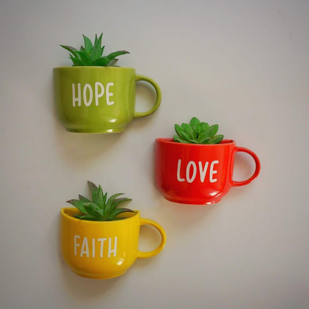Themed Ceramic Cup Planter Set - Hope Faith Love
