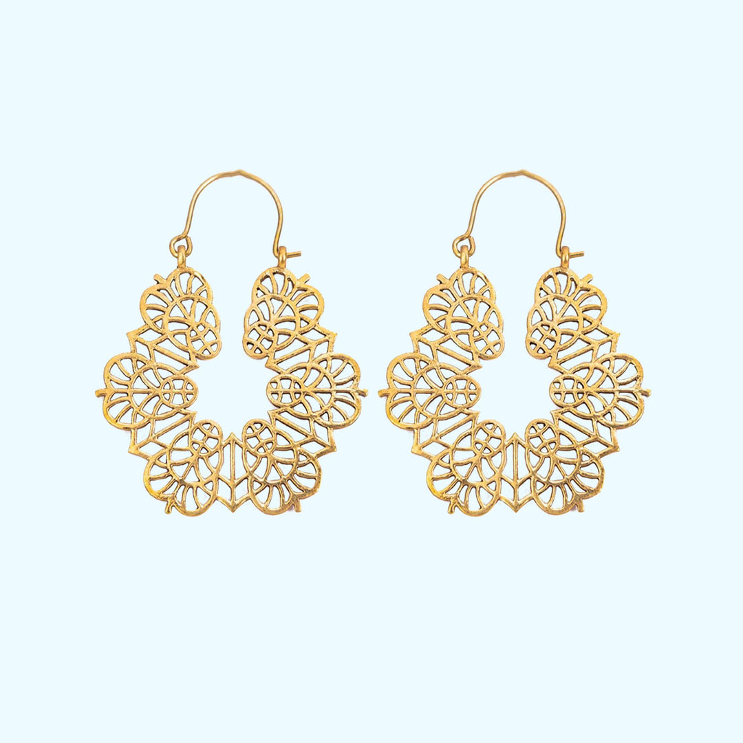 Handmade Brass Modern Hoop Earrings - Leafy Pattern