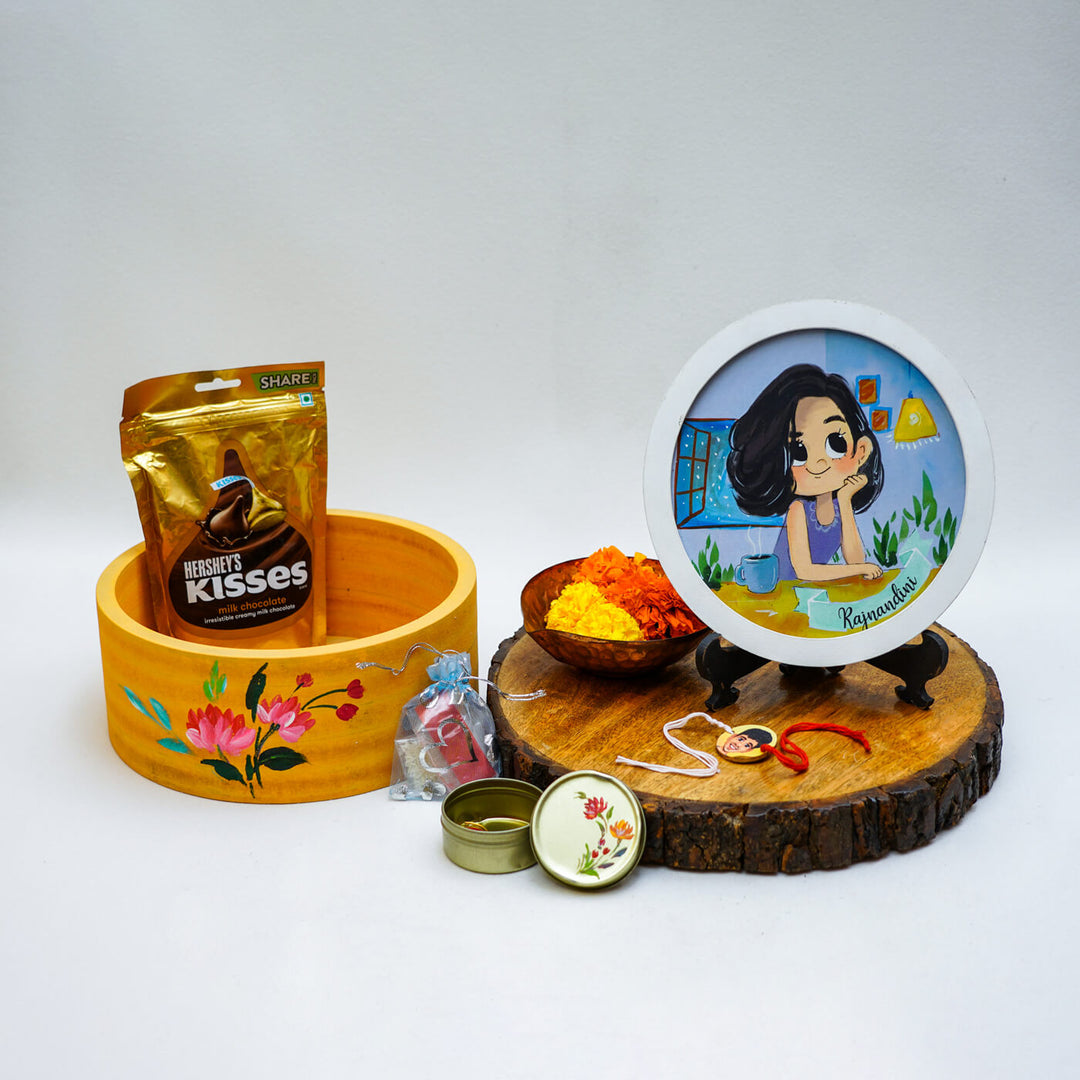 Handpainted Personalized Caricature Rakhi Hamper With Caricature Nameplate 1 - Styled Product Display