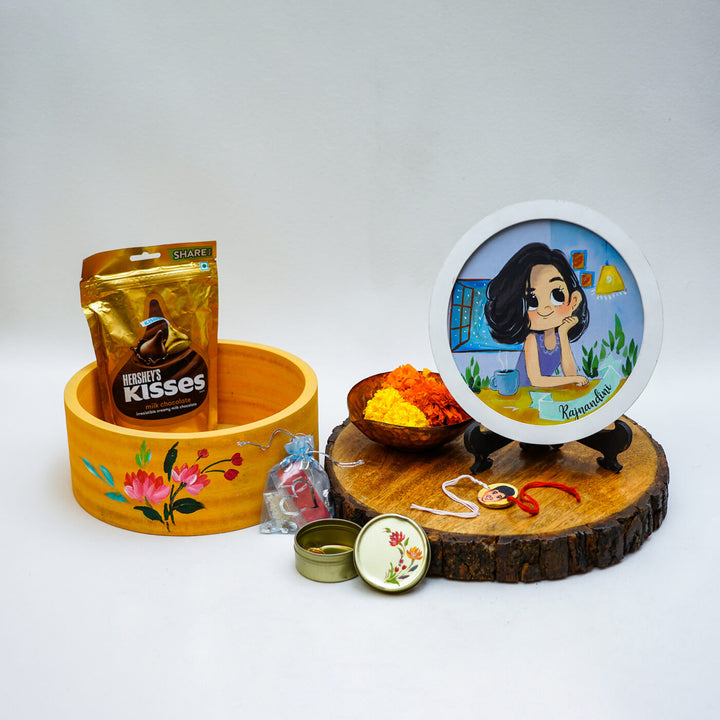 Handpainted Personalized Caricature Rakhi Hamper With Caricature Nameplate 1 - Styled Product Display