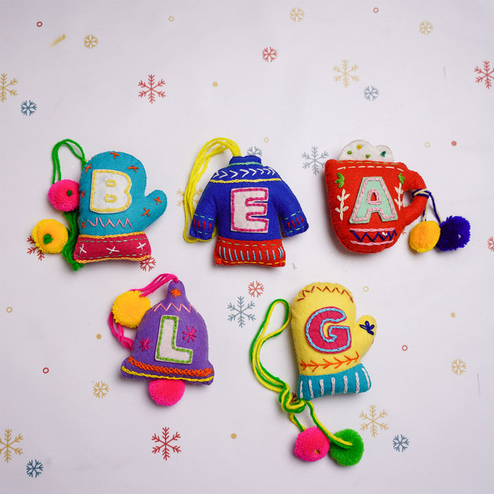 Personalized Initial Embroidered Felt Ornaments For Christmas Tree Decoration | Set Of 5