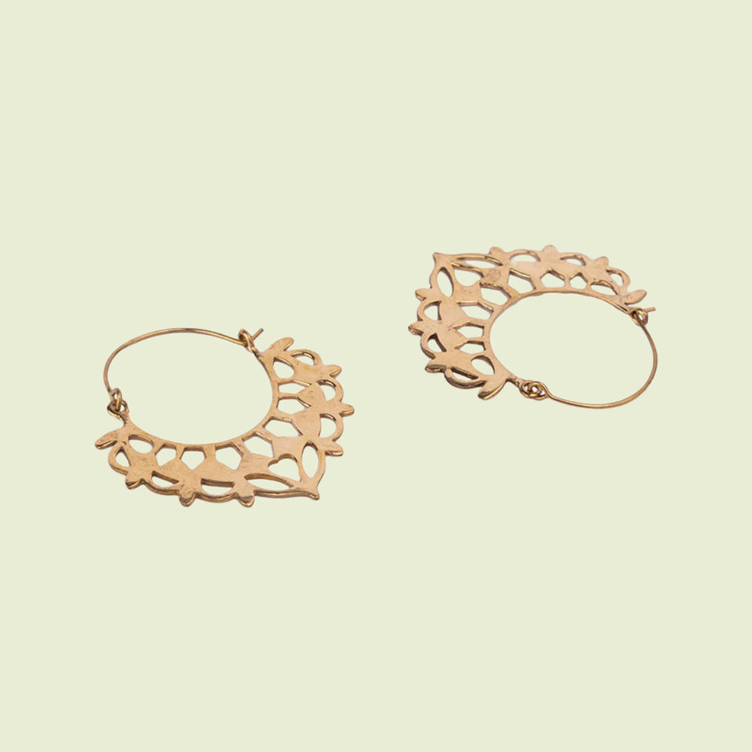 Handmade Brass Modern Hoop Earrings - Floral Drop Pattern