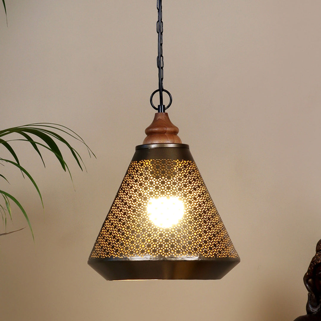 Mysore Hanging Metal Lamp with a Wooden Canopy