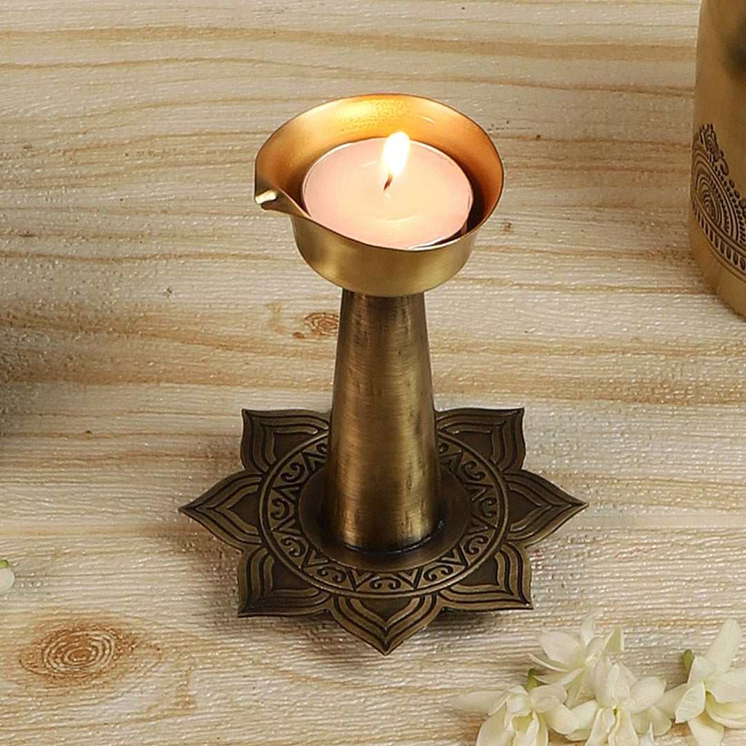 Alpana Handcrafted Antique Brass Diya with Stand