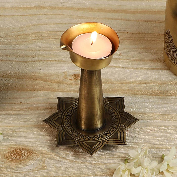 Alpana Handcrafted Antique Brass Diya with Stand