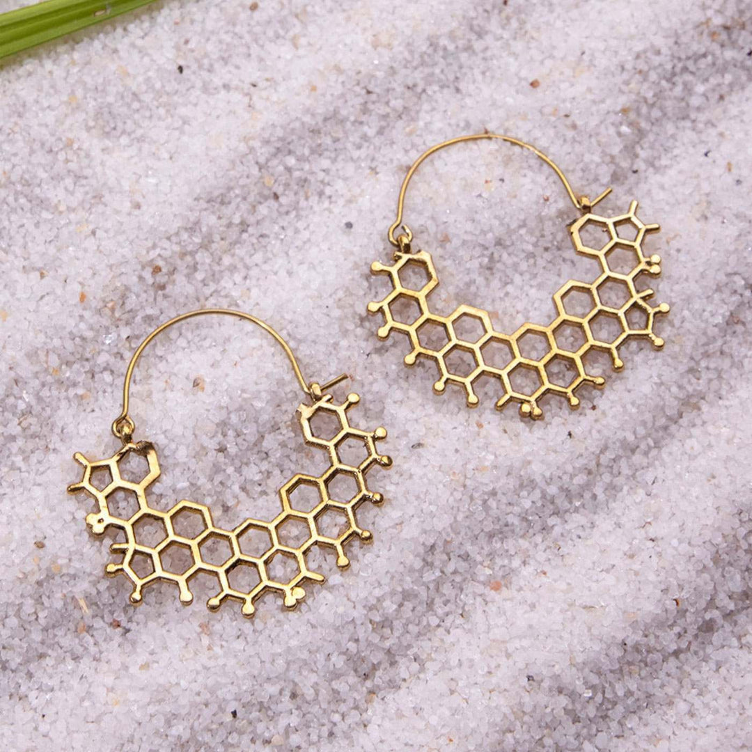 Handmade Brass Modern Hoop Earrings - Honeycomb