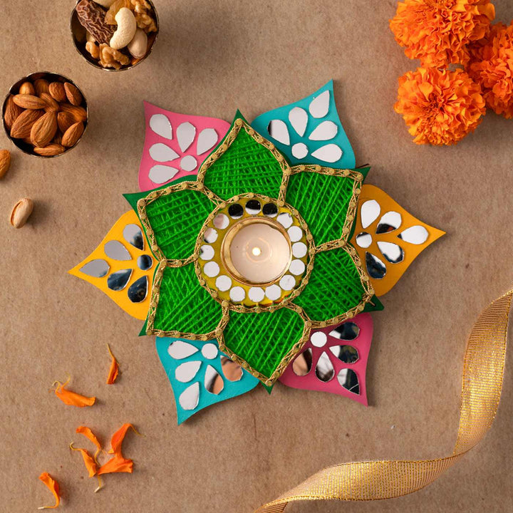 Floral Shaped Green String Art & Mirrors Tealight Holder