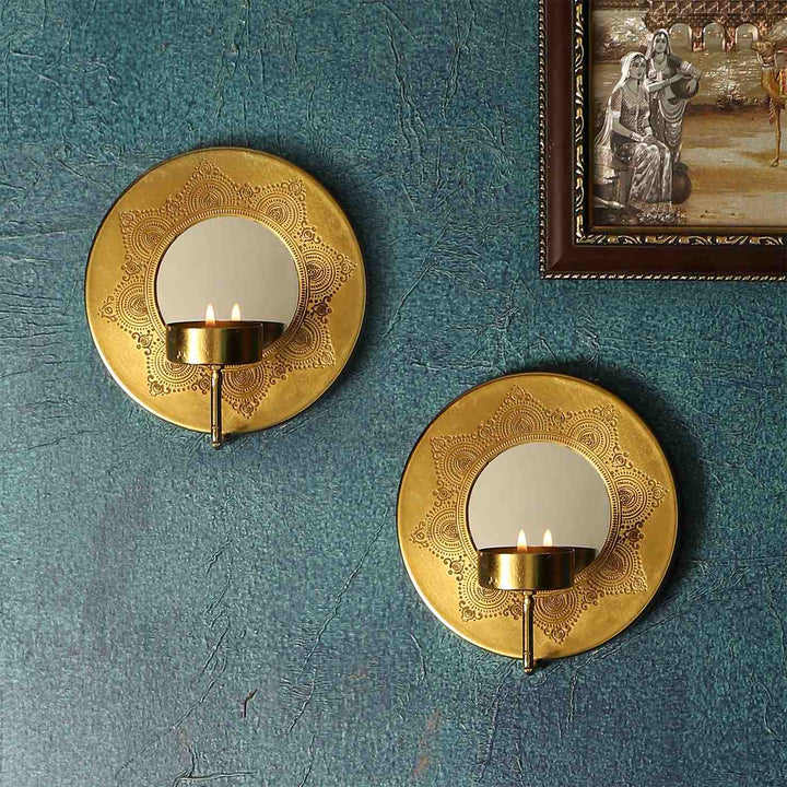 Dohar Brass Plated Wall Sconce with Mirror - Set of 2
