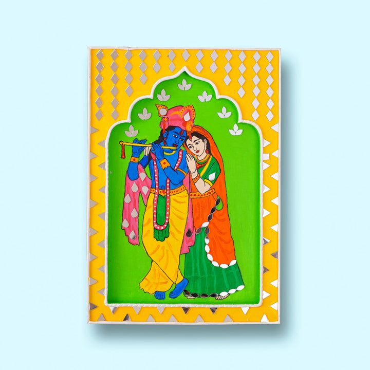 Handcrafted Yellow & Green Frame - Radha-Krishna Traditional Lippan Art Jharokha Wall Art