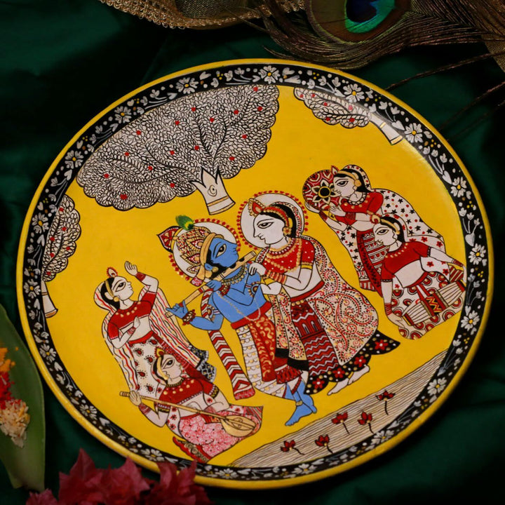 Handpainted Wooden Wall Plate With Krishna Artwork - Set Of 2 - Zwende