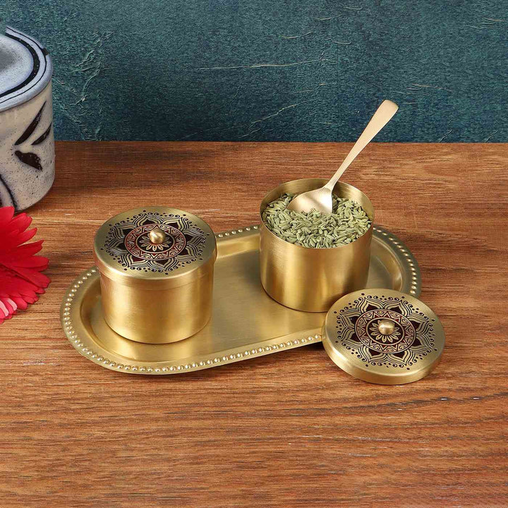 Utsav Handcrafted Brass Condiment Jars with Tray & Spoon