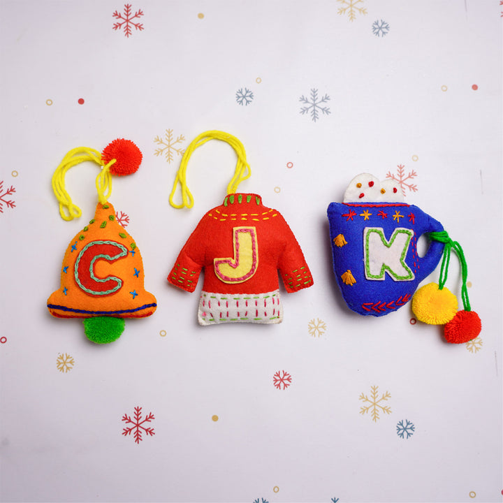 Personalized Initial Embroidered Felt Ornaments For Christmas Tree Decoration | Set Of 3