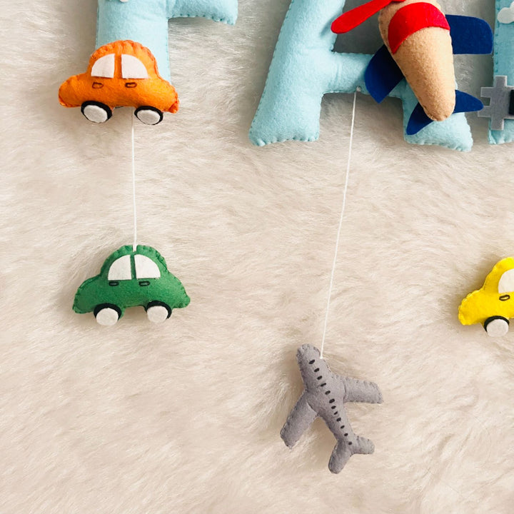 Handcrafted Personalized Cars Theme Bunting For Kids - Close-up of Hanging Toy Decorations