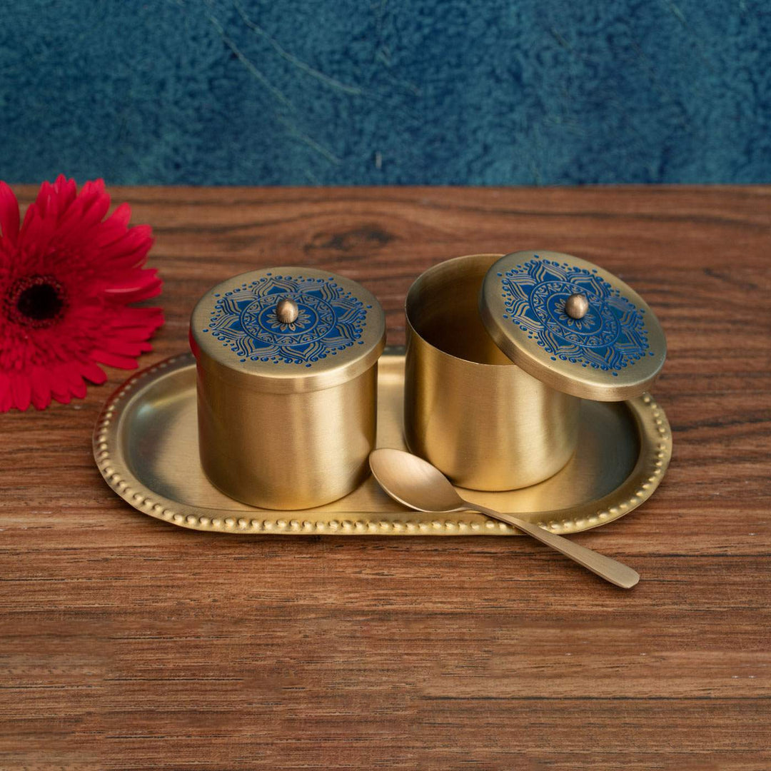 Utsav Handcrafted Brass Condiment Jars with Tray & Spoon