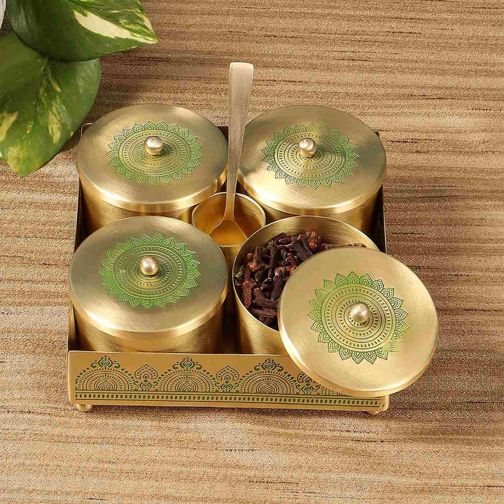 Dohar Handcrafted Brass Condiment Jars with Tray & Spoon