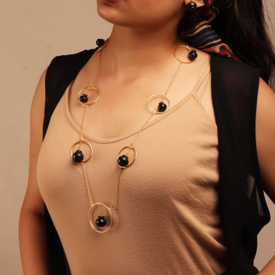 Contemporary Ring Design Long Necklace | 22K Gold Plated