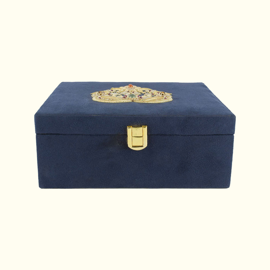 Paan Zardozi on Blue Suede Box | Handcrafted Elegant Storage