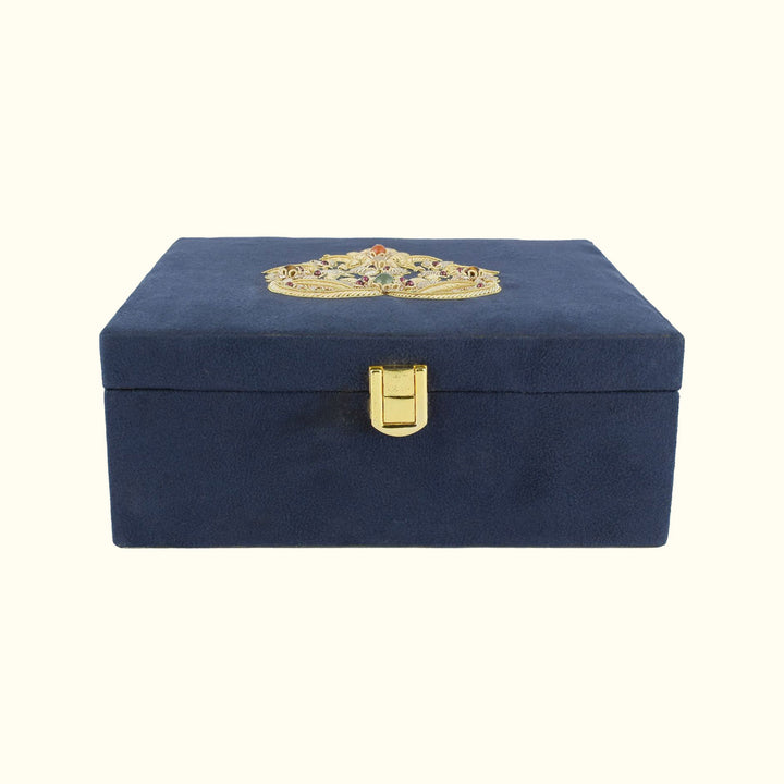Paan Zardozi on Blue Suede Box | Handcrafted Elegant Storage
