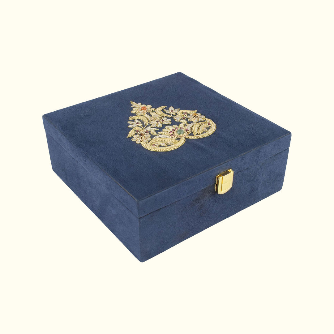 Paan Zardozi on Blue Suede Box | Handcrafted Elegant Storage