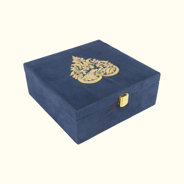 Paan Zardozi on Blue Suede Box | Handcrafted Elegant Storage